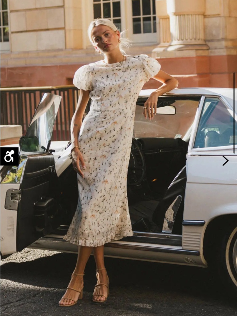 Bohme XS Ivory Floral Puff-Sleeve Midi Dress